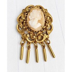 Vintage Florenza Cameo Gold Tone Pin Brooch Pendant